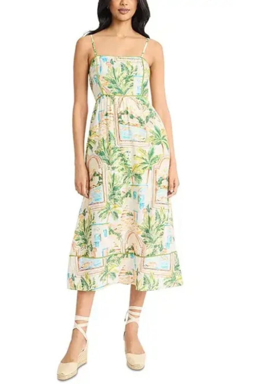 The Good Journey Midi Dress Square Neck Floral Postcard Tropical Print Maxi
